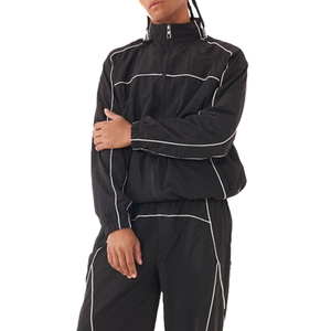 Ensemble de survêtement unisexe en molleton de coton imprimé uni léger, vente en gros OEM, logo personnalisé, 2 pièces, noir avec piping réfléchissant - Product Image 3