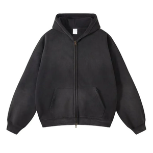 Sweat-shirt à capuche zippé en denim délavé premium pour homme, lourd, surdimensionné, ample, à épaules tombantes, manches longues, streetwear - Product Image 4