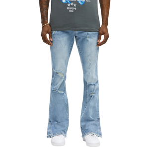 Jean évasé bleu clair pour homme, en denim déchiré mi-léger, délavé aux enzymes, décontracté, extensible, respirant, 100 % coton - Product Image 1