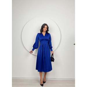 Vestido Midi de Satén Azul Saxe para Mujer, Marca missJANELL, con Escote Fruncido y Botones Frontales, Elegante Estilo Línea A de Poliéster para Fiesta - Product Image 2