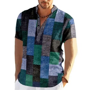 New 100% Cotton Vintage Patchwork Color Block 3D Print <b>Henley</b> <b>Shirts</b> <b>Men's</b> Fashion Stand Collar Short Sleeve T <b>Shirt</b> Male - Product Image 3