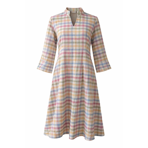 Vestido Midi Casual de Algodón y Lino con Manga Abullonada y Cintura Baja, Diseño a Cuadros Multicolor, con Recortes Modernos, Transpirable, para Mujer, Talla XS, Primavera - Product Image 3