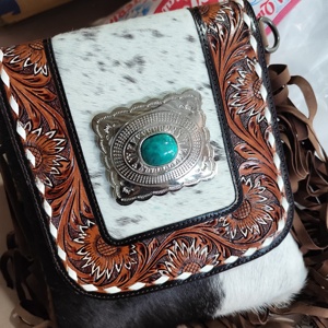 Best Selling Women's Genuine Leather Bohemian <b>Sling</b> Bag High Quality Hand Tooling Custom Pattern Tassel Decoration Zipper - Product Image 4