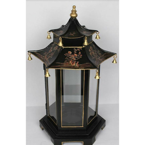 Classic Hydrangea Leaf Pagoda Lantern With Blue Trim Hand Painted Metal Decorative Candle Holder With <b>Bells</b> Home Decor Accent - Product Image 6