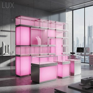ตู้โชว์เครื่องประดับกระจกสีชมพูสไตล์โมเดิร์น LUX พร้อมไฟ LED ประตูกระจกเงา ตู้โชว์สินค้าแบบคีออส - Product Image 5