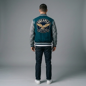 Men's Teal Wool Letterman <b>Jacket</b> Grey Sleeves Custom Logo <b>Checkered</b> Rib Knit Collar Cuffs Snap Front Luxury Streetwear Outerwear - Product Image 2