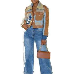 Ropa de calle personalizada, ropa informal de retazos de bloque de Color para mujer, chaqueta vaquera corta rasgada, chaqueta vaquera para mujer - Product Image 1