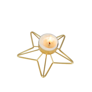 Porte-bougie en métal doré en forme d'étoile, conçu avec un tige fin et une étoile découpée, finition laiton doré poli, centre de table festif - Product Image 3