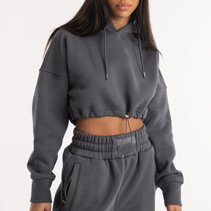 Sudaderas con capucha de punto recortadas para mujer de entrenamiento activo, ropa de calle informal, hombro caído, logotipo frontal transpirable ecológico para invierno - Product Image 3