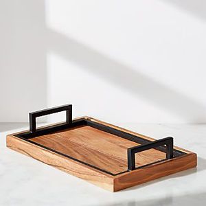 Bandeja rectangular de madera con mango de metal industrial, ideal para accesorios de bar, para servir alimentos y exhibiciones de regalos - Product Image 4