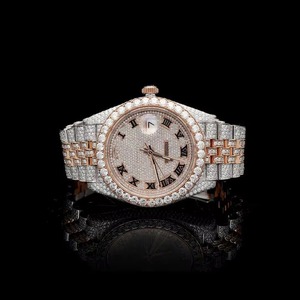 Montre de luxe en acier inoxydable bicolore or blanc et or jaune, avec cadran en verre analogique, date automatique ETA, sertie de moissanite D VVS de haute qualité, style Hip Hop - Product Image 1