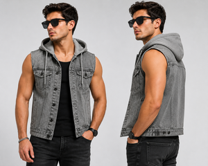 Unisex Sleeveless Hooded <b>Denim</b> Jacket Vintage Washed Cotton Jean <b>Vest</b> Winter Outer Wear Casual Streetwear Custom OEM Wholesale - Product Image 4