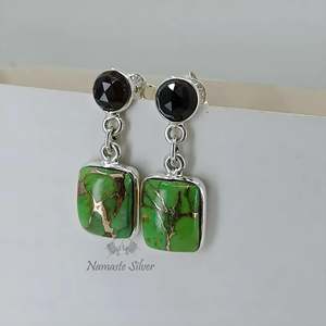 Pendientes Colgantes Finos de Plata de Ley 925 con Turquesa Verde y Cuarzo Ahumado, Gemas Naturales Dobles, Joyería Boho Hecha a Mano, Única - Product Image 4