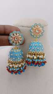 Jhumka Kundan Meenakari Ensemble de boucles d'oreilles en laiton imitation plaqué rhodium en forme de cloche vintage en vrac à personnaliser - Product Image 2