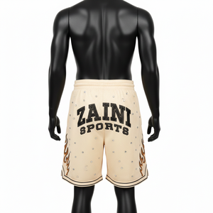 Pantalones cortos de baloncesto premium de malla de poliéster beige de 180 GSM con panel de llama, logotipo de diamantes de imitación en sarga personalizada, pantalones cortos para hombre - Product Image 2