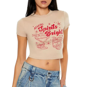 Camisetas cortas de manga corta con serigrafía personalizada de moda para niñas, ropa de calle ecológica, camisetas cortas teñidas lisas - Product Image 1