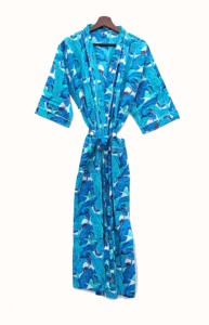 Batas de Kimono de algodón con hojas de plátano azul para mujer, hermosa bata de noche, vestido envolvente de algodón, bata de baño suave y cómoda - Product Image 2