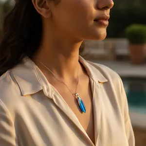 Bijoux en argent sterling faits à la main, cadeau, pendentif en pierre précieuse bleue argentée, plaqué rhodium, or rose, pendentifs à breloques en or, motif numérique - Product Image 1