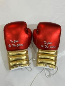 Gants de boxe en cuir PU rouge et or avec logo personnalisé, mitaines d'entraînement à lacets, équipement de combat professionnel - Product Image 6