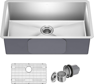 (T&D) Fregadero de cocina Kraus de acero inoxidable de un solo seno para empotrar, 30 pulgadas, con rejilla y colador - Product Image 4