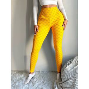 High Waist Yellow Yoga <b>Leggings</b> For <b>Women</b>, <b>Seamless</b> Textured Spandex Full Length Stretchy Fitness Pants, Solid Color Elastic Wai - Product Image 3