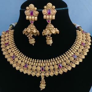 Conjunto de collar dorado antiguo de ropa tradicional, conjunto de Collar chapado en oro con pendientes para colección de ropa de boda para mujer - Product Image 1