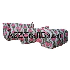 Indian Quilted Eco-Friendly Reusable Zipper Closure Cotton Cosmetic <b>Case</b> Soft Handle Large Capacity <b>Makeup</b> Pouch Women's Travels - Product Image 3