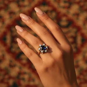 Bague florale romantique pour femme avec saphir et diamant, plaqué or jaune et rhodium, bijoux fins, technologie de sertissage élégante - Product Image 3