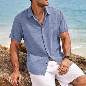 ชุดเดรสผ้าฝ้ายของผู้ชายเสื้อแขนสั้นยืดได้ไร้ริ้วรอยเสื้อเชิ้ตทางการธุรกิจลำลองแบบติดกระดุมสำหรับงานพรอมปาร์ตี้ - Product Image 1