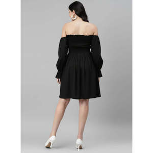 Vestido de Fiesta Elegante Deebaco para Mujer, Color Bronceado, Largo por Encima de la Rodilla, Hombros Descubiertos, Corte en A, Cintura Imperio, Manga Larga, Sólido, de Rayón Lavable - Product Image 4