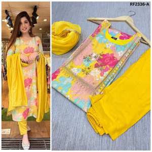 Reeta fashion floral kurti set avec bas assortis et dupatta contrasté en coton mélangé et chanderi pour une tenue décontractée et festive - Product Image 1