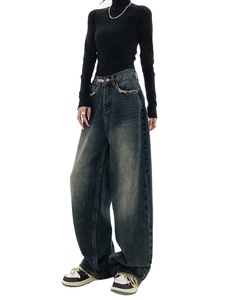 Popular estilo BF personalizado en relieve 100% algodón Denim Jeans Loose Fit Baggy Jeans para damas Streetwear estilo Jeans Y2K moda - Product Image 5