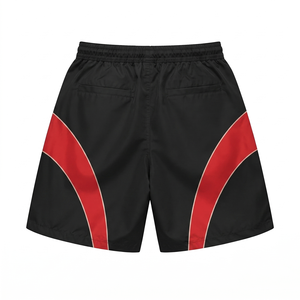 Shorts coupe-vent en micro-polyester premium 160 GSM, décontractés, avec empiècements contrastants noir et rouge sur le devant, logo personnalisé - Product Image 2