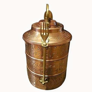 Boîte à lunch Tiffin en cuivre à 3 niveaux de qualité haut de gamme Design merveilleux avec forme ronde et poignée de pique-nique en gros - Product Image 5