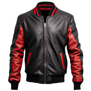 Chaqueta Bomber de piel de oveja auténtica roja y negra para hombre, servicio OEM de calle alta, Lana en relieve, cuello redondo, botón bordado, Invierno - Product Image 1