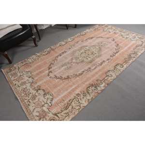 พรมทอขนแกะสีเบจสีชมพูวินเทจแบบตุรกีสำหรับตกแต่งห้องนั่งเล่นพร้อมแผ่นรองยาง - Product Image 3