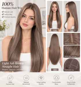 Perruque 100% cheveux humains, longue, brun cendré clair, cheveux raides, avec raie au milieu, pour femmes - Product Image 6