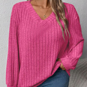 เสื้อสเวตเตอร์แบบสวมหัวคอวีสำหรับผู้หญิงเสื้อกันหนาวถักวาฟเฟิลวาฟเฟิลสีทึบกำหนดเอง - Product Image 1