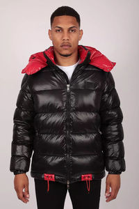 Gran oferta de chaqueta acolchada negra brillante para hombre con capucha roja, abrigo de invierno brillante a prueba de viento, ropa informal con aislamiento cálido, chaquetas para hombre - Product Image 3