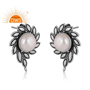 <b>Top</b> Selling Oxidized Sterling <b>Silver</b> Natural Pearl Floral Design Stud Earring Custom Jewelry For Women Gift For Her - Product Image 2