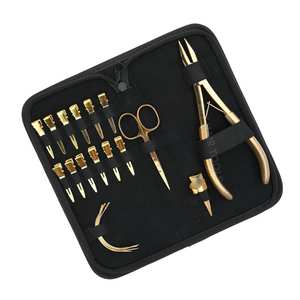 Outils de coiffeur, kit d'outils pour extensions de cheveux dorées, pince à sertir robuste, pointe plate, séparation rapide, anneau, ciseaux à cheveux, aiguilles courbées - Product Image 1