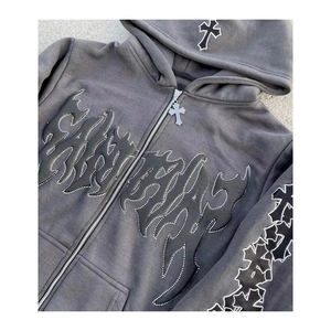 OEM personnalisé de haute qualité lavage à l'acide Zip Survêtement pour hommes Vintage Coton Patch Soleil Délavé Tissu polaire en détresse Logo de grande taille - Product Image 4