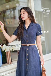 Robe midi en jean pour femme, nouvelle mode, de haute qualité, écologique, respirante, coupe trapèze, col rond, simple, avec ceinture, ajustée, décontractée, fabriquée au Vietnam - Product Image 2