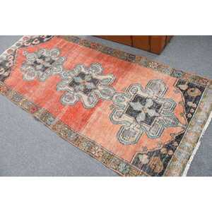 Turkish Rug 3.7x8.2 ft Vintage Traditional Eco Friendly <b>Red</b> Blue Patchwork <b>Wool</b> Rug with Latex Backing - Product Image 4