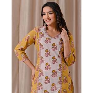Kurti Amarillo de Algodón con Estampado Butta Block, Corte Recto, Ropa Regional - Product Image 1