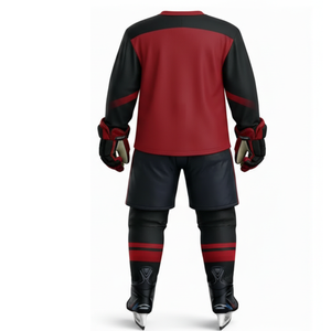 ชุดฮอกกี้น้ำแข็งสั่งตัดตามขนาดที่ต้องการ - สีแดงพร้อมดีไซน์ตัดกันแบบอสมมาตรสีดำ - ชุดกีฬา - ชุดทีม - Product Image 2