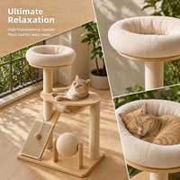Arbre à chat compact, durable et écologique avec griffoir en sisal, condo pour chat, tour d'activités moderne pour chatons d'intérieur, 4 niveaux, bois beige