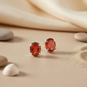Boucles d'oreilles clous en argent 925 pour femmes, pierre de cornaline rouge ovale, bijoux, accessoire de mode - Product Image 2