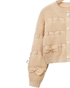 Customized Women Beige Cable Knit Cropped <b>Cardigan</b> Sweater With Bow Detail <b>Long</b> Sleeve Button Front Cute Winter Fashion Top - Product Image 3