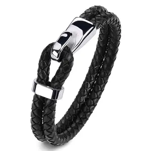 Bracelet double tressé en cuir noir véritable pour hommes Bracelet réglable en cuir luxueux pour hommes avec acier inoxydable